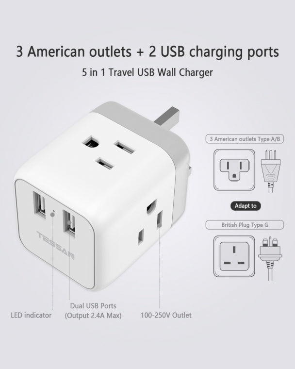 US To UK/HK/Saudi Arabia Travel Adapter with 3 Outlets 2 USB Ports
