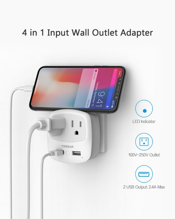 US To Germany/France Travel Plug Adapter with 2 Outlets 2 USB Ports(Type E/F Plug)