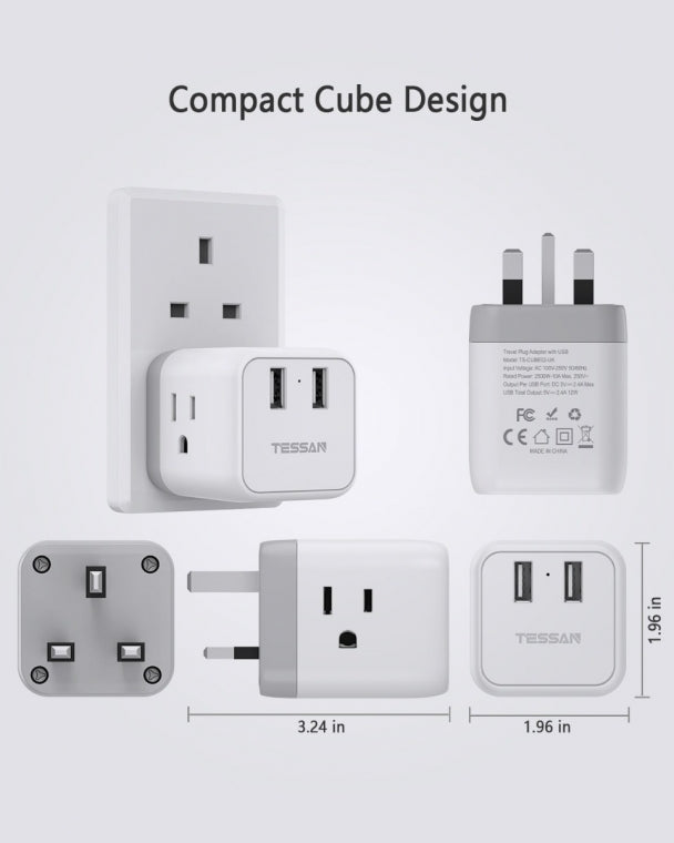US To UK/HK/Saudi Arabia Travel Adapter with 3 Outlets 2 USB Ports