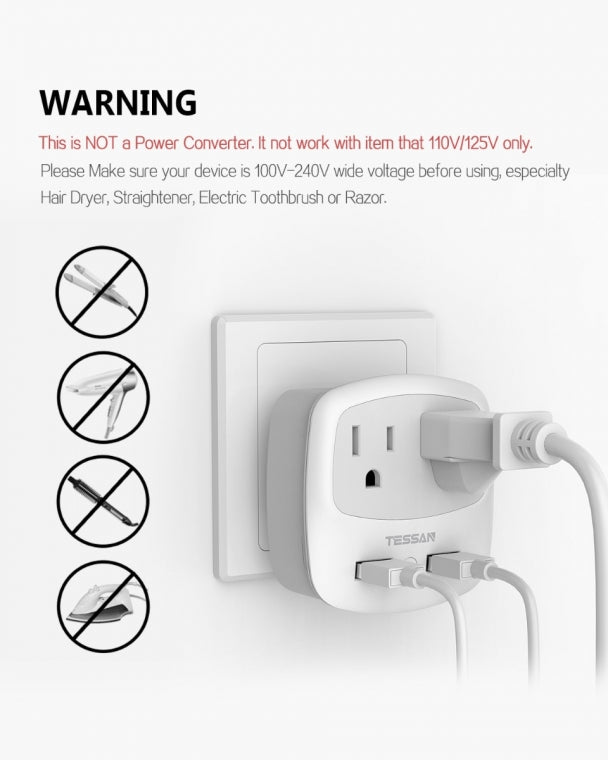 US To Germany/France Travel Plug Adapter with 2 Outlets 2 USB Ports(Type E/F Plug)