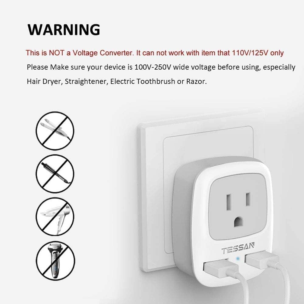 TESSAN US to UK Travel Plug Adapter 3 Pack, Type G Power Outlet Adaptor with 2 USB Charger