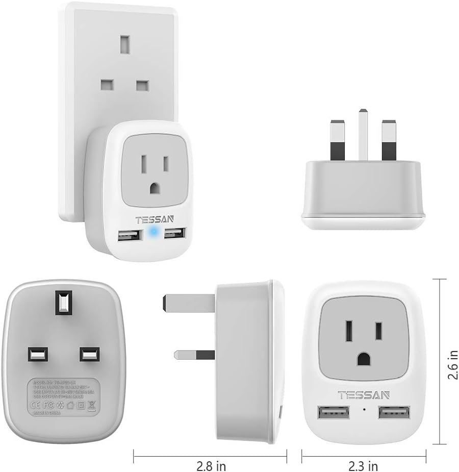 TESSAN US to UK Ireland Travel Plug Adapter with 2 USB, 2 Pack