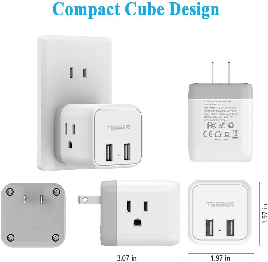 US To Japan/China/Philippines Travel Plug Adapter with 3 Outlets 2 USB Ports (Type A Plug)