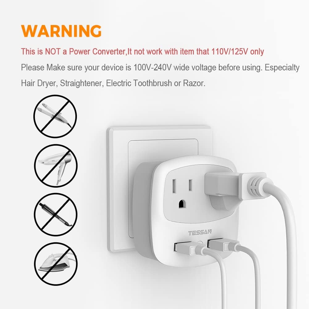 TESSAN Brazil Travel Plug Power Adapter with 2 American Outlets and 2 USB Charging Ports