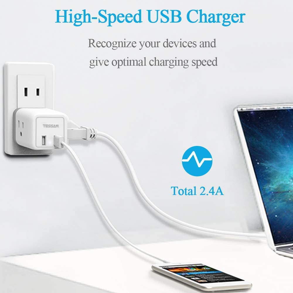 US To Japan/China/Philippines Travel Plug Adapter with 3 Outlets 2 USB Ports (Type A Plug)