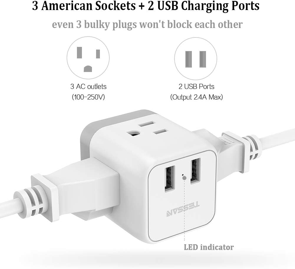 US To India/Nepal Travel Plug Adapter With 3 Outlets 2 USB Ports (Type D Plug)