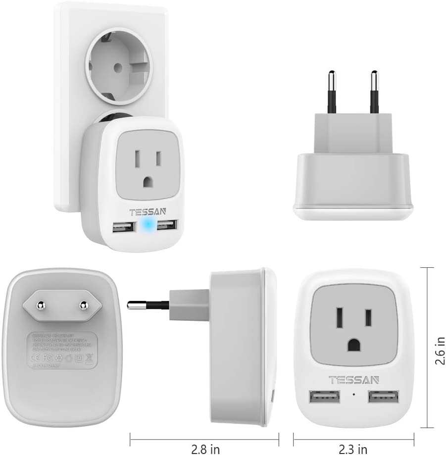 US To European Travel Adapter with 2 USB Ports