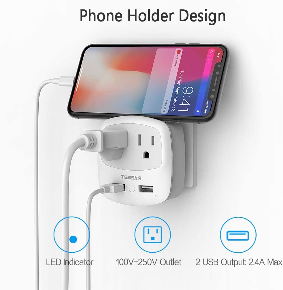 US To European Travel Adapter with 2 Outlets 2 USB Ports