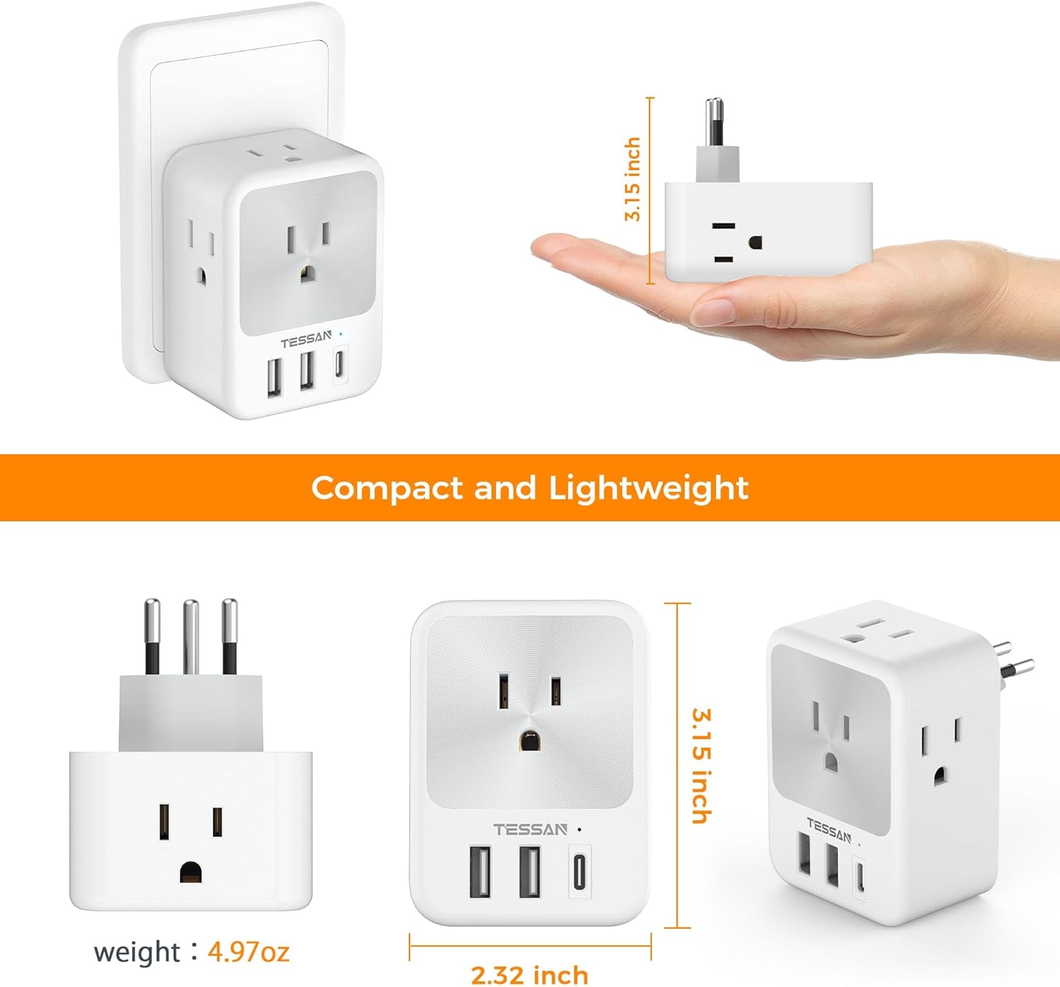 TESSAN Type N Adapter for Brazil with 4 Outlets 3 USB Charging Ports (1 USB C), Brazil Power Adapter Travel Plug