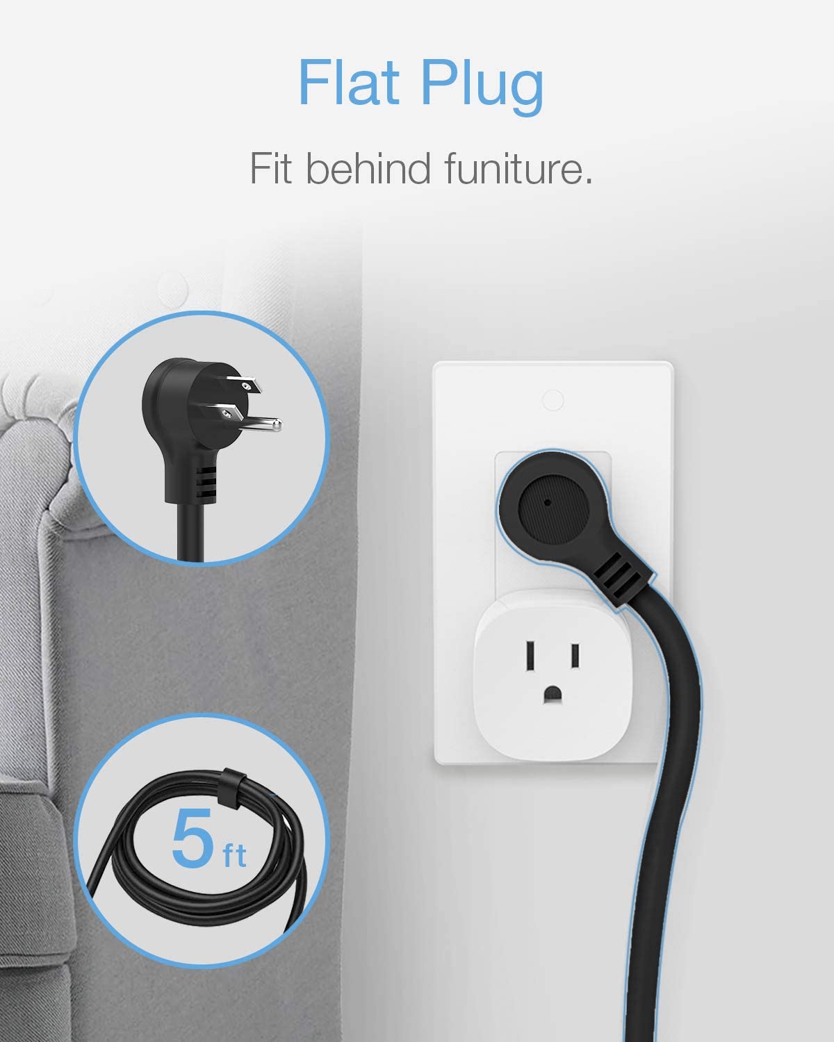 TESSAN 5/10 ft Long Flat Plug Power Strip with 3 AC Outlet Compact Desktop Charging Station 125V 10 A for Home