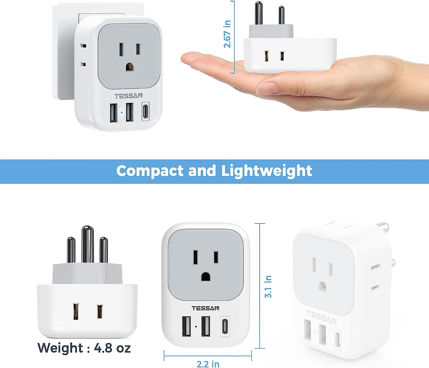 TESSAN India Power Adapter with 4 American Outlets 3 USB Charger (1 USB C Port)