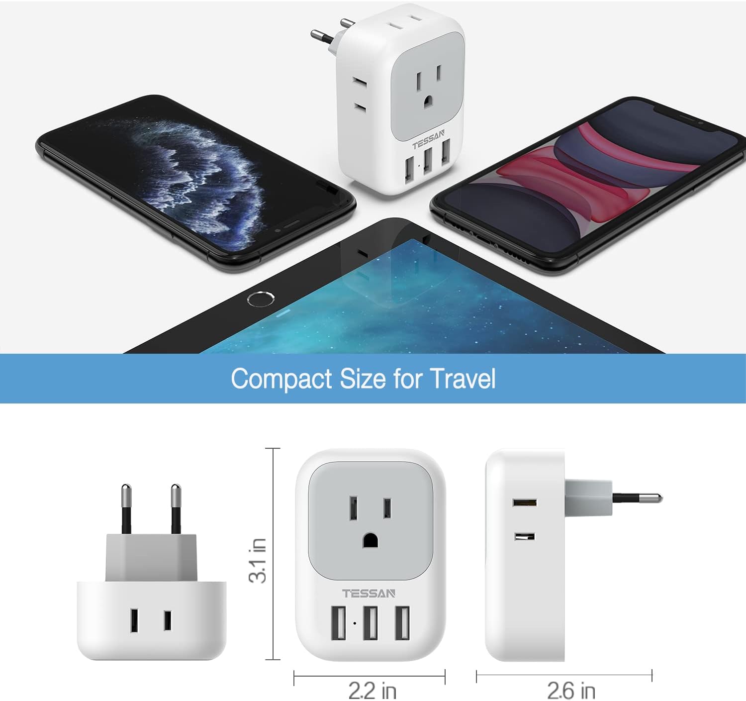 TESSAN US to Europe Power Adapter with 4 AC Outlets and 3 USB, 3 Pack