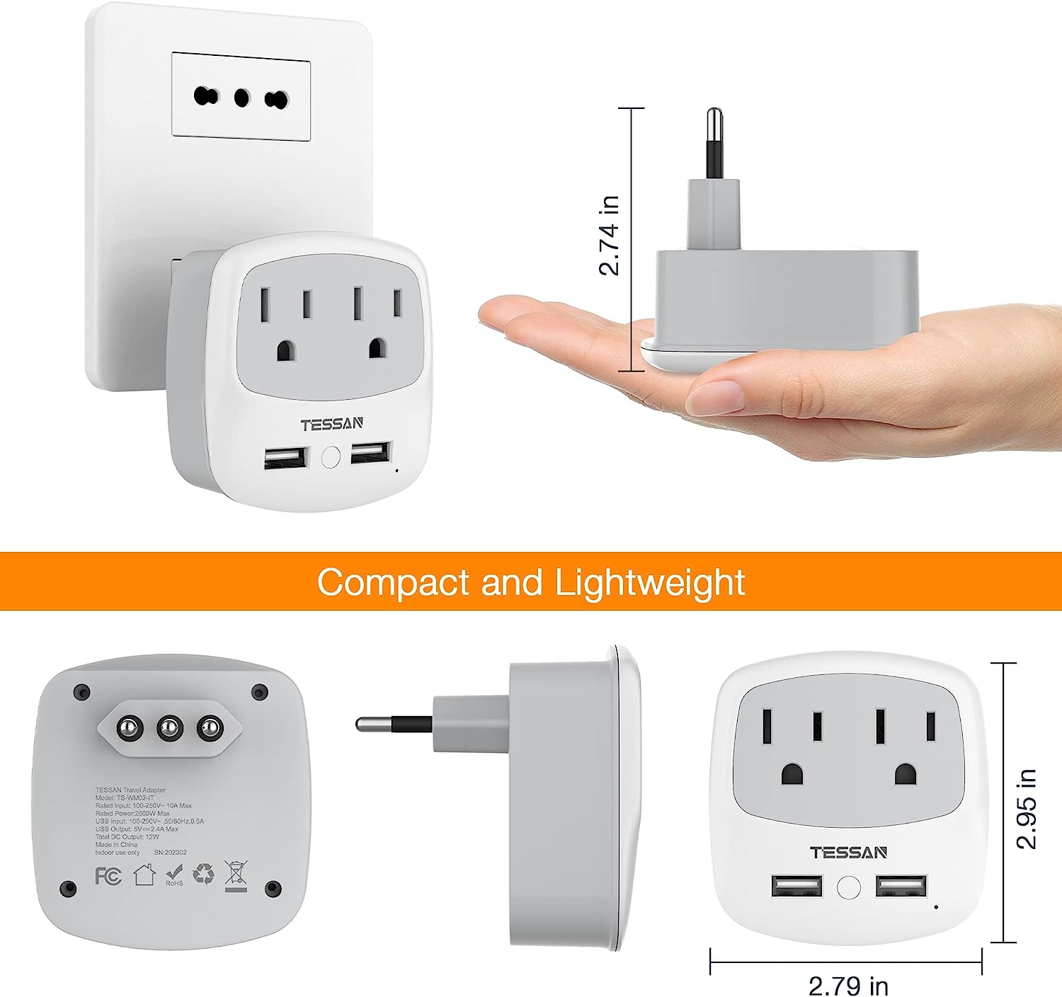 TESSAN Italy Travel Plug Adapter with 2 USB Charger Ports 2 American Outlets