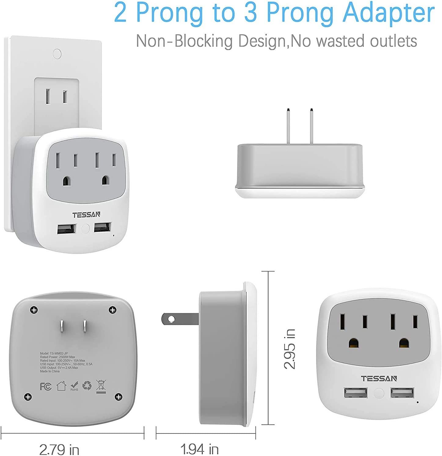 TESSAN US to Japan Plug Adapter, 2 Prong to 3 Prong Outlet Adapter with 2 AC Outlets 2 USB Ports