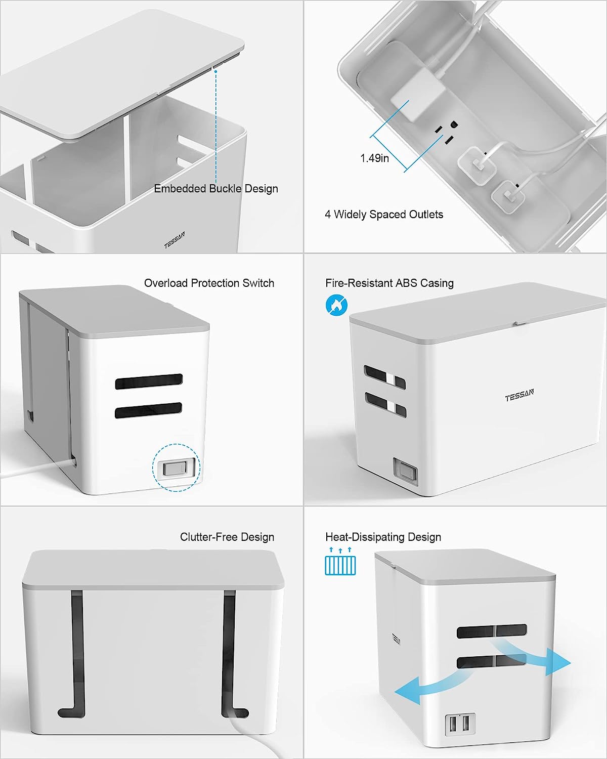 TESSAN 5 ft Flat Plug Extension Cord, 4 Outlets 2 USB Ports with Overload Switch, Power Strip with Cable Management Box