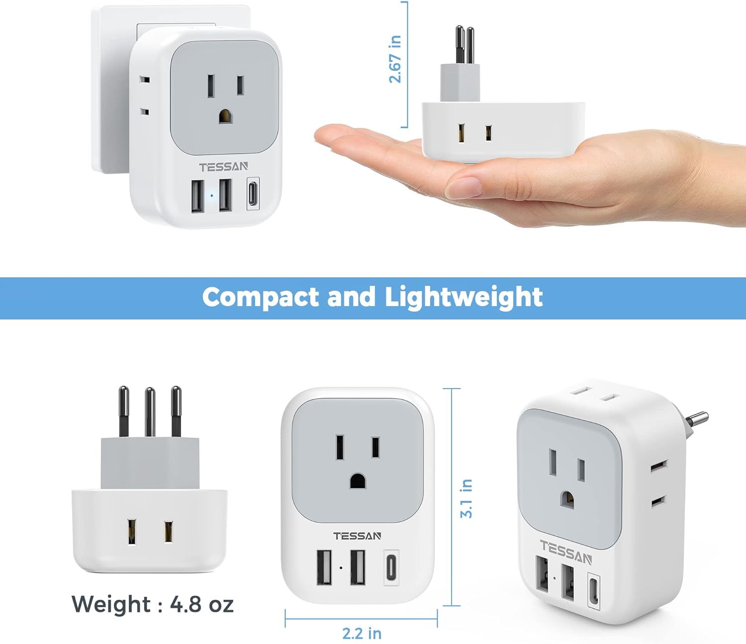 TESSAN US to Switzerland Plug Adapter with 4 American Outlets 3 USB Charger (1 USB C Port)
