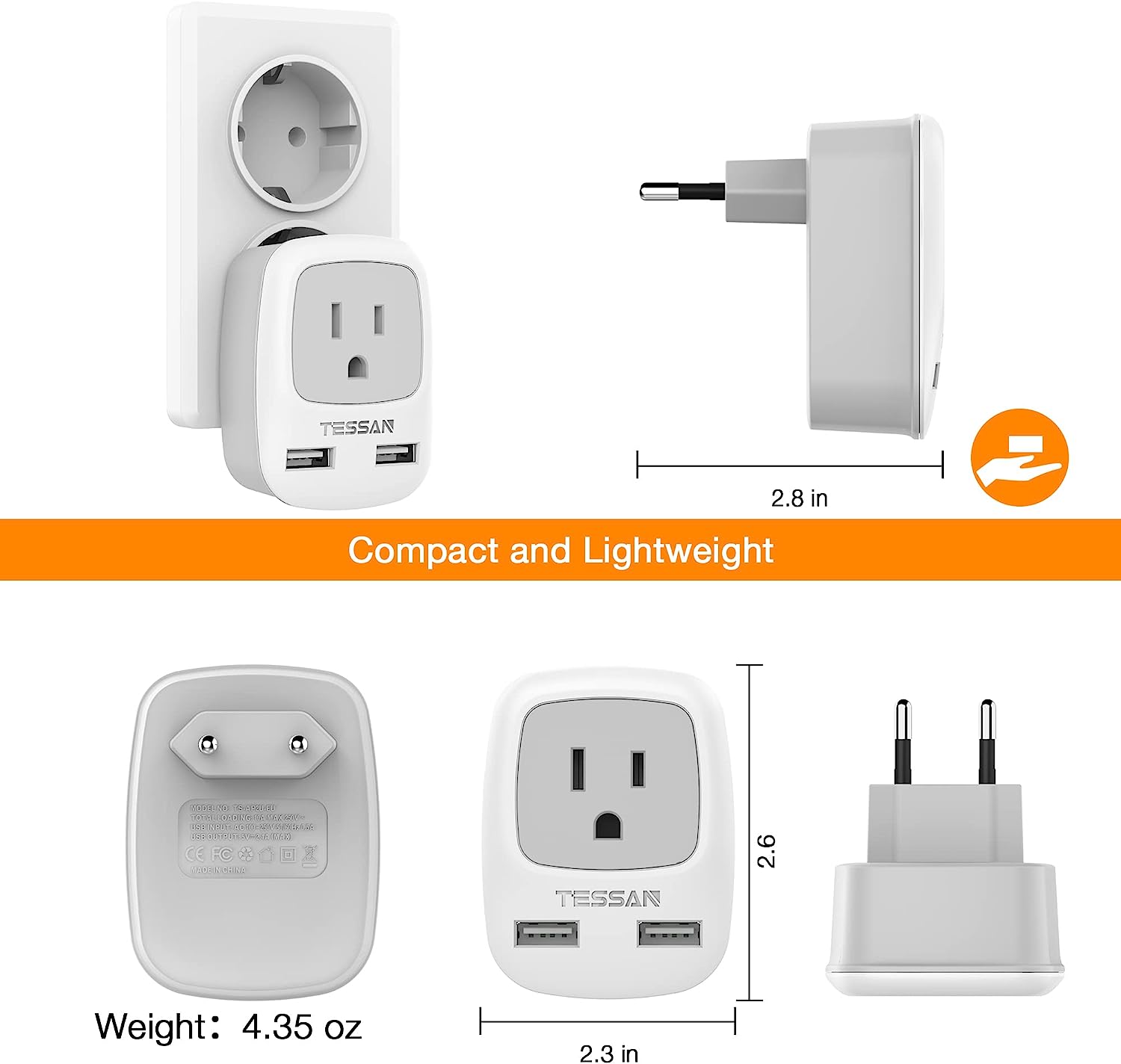 TESSAN International Power Adaptor 2 USB, European Travel Plug Adapter 3 Pack
