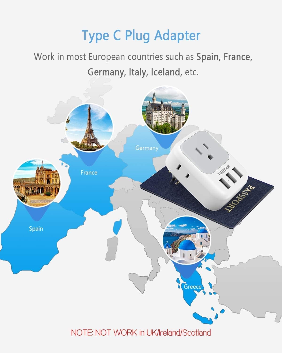 US to Europe Power Adapter with 4 AC Outlets and 3 USB, 2 Pack