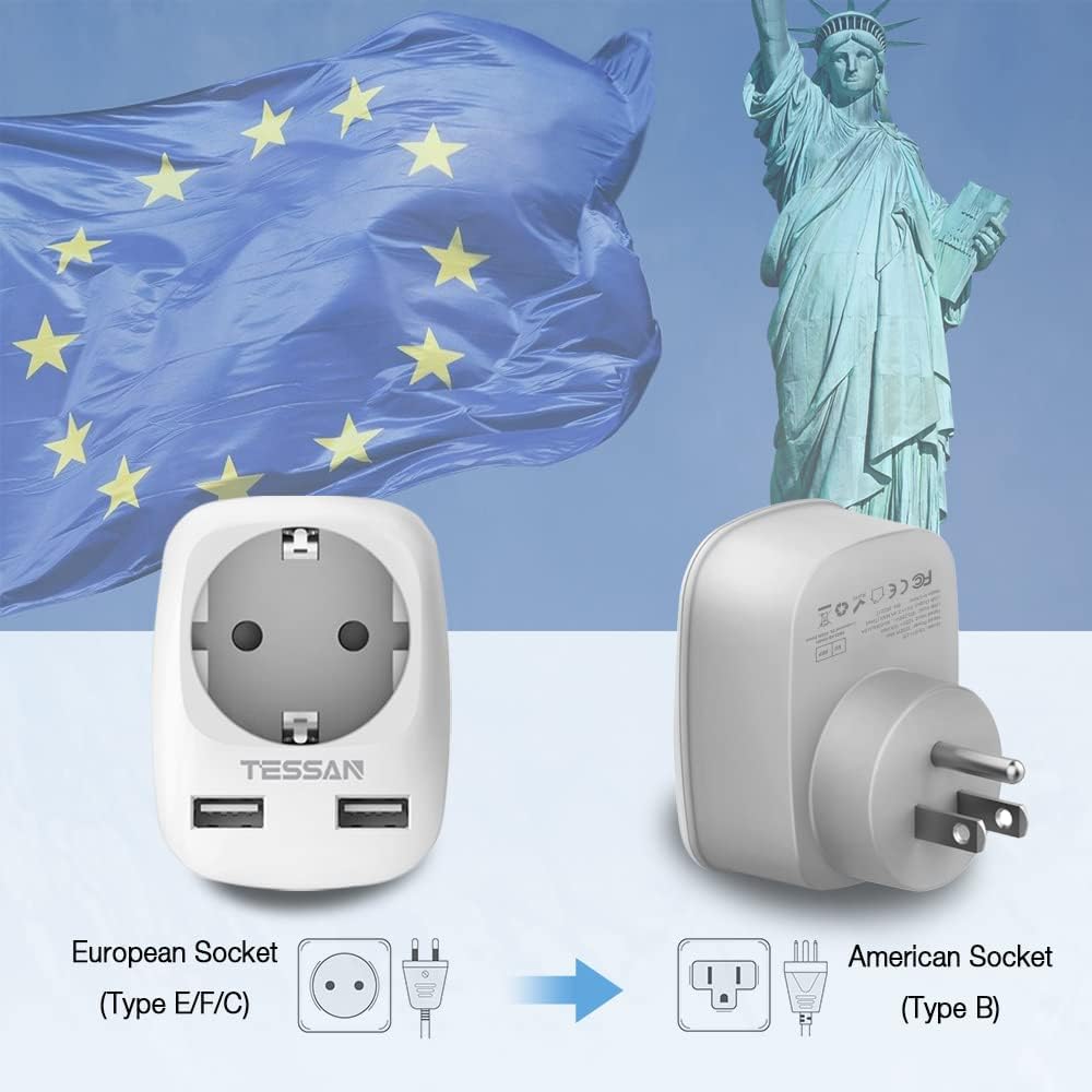 TESSAN Europe to US Plug Adapter with AC Outlet and 2 USB Ports