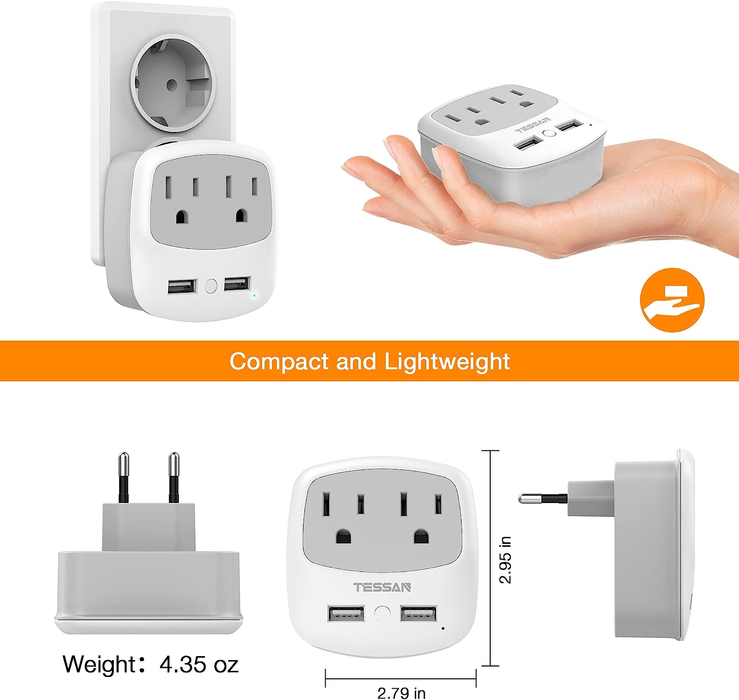 TESSAN US to India Plug Adapter with 2 USB Charger Ports 2 American Outlets