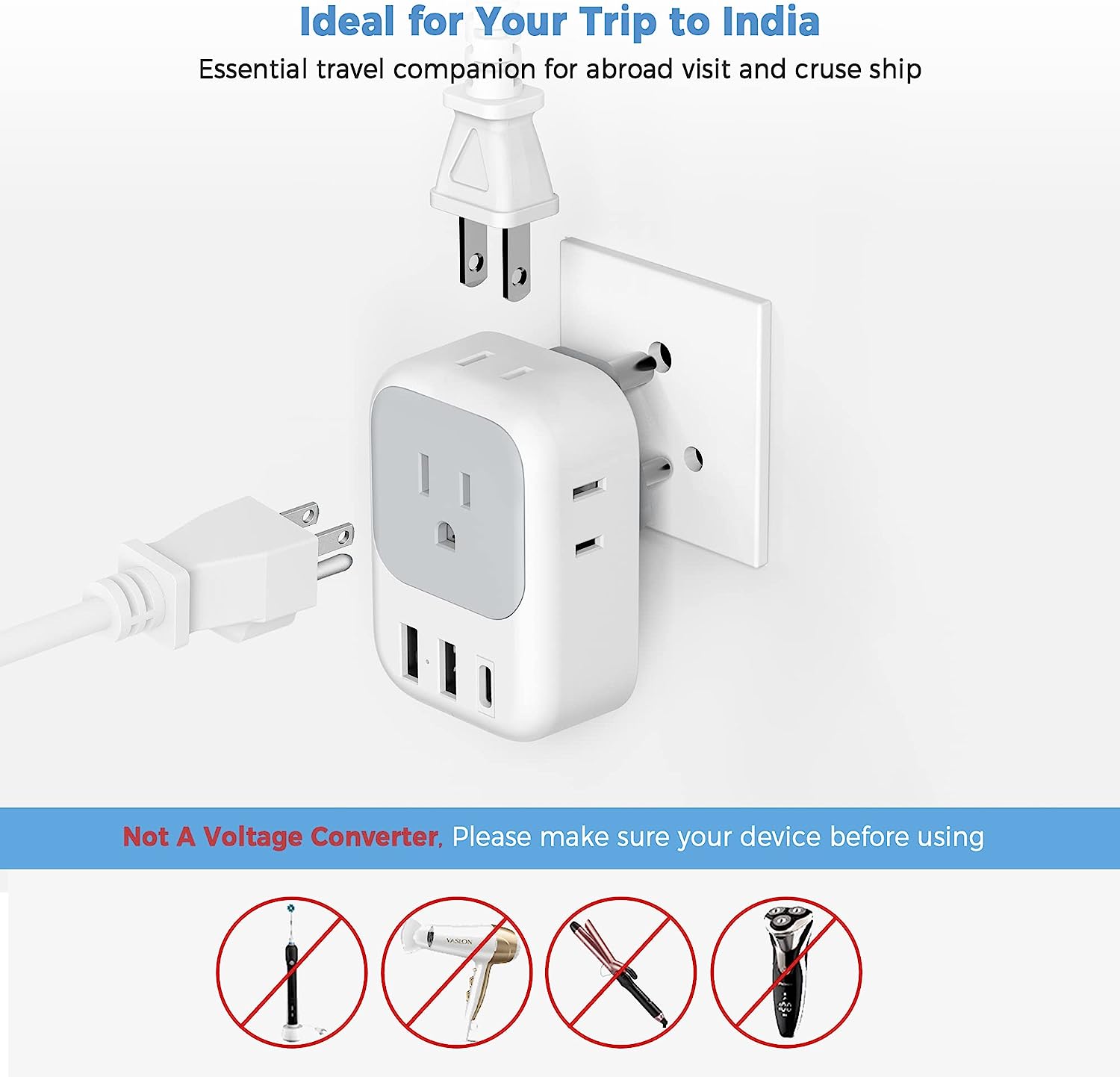 TESSAN India Power Adapter with 4 American Outlets 3 USB Charger (1 USB C Port)