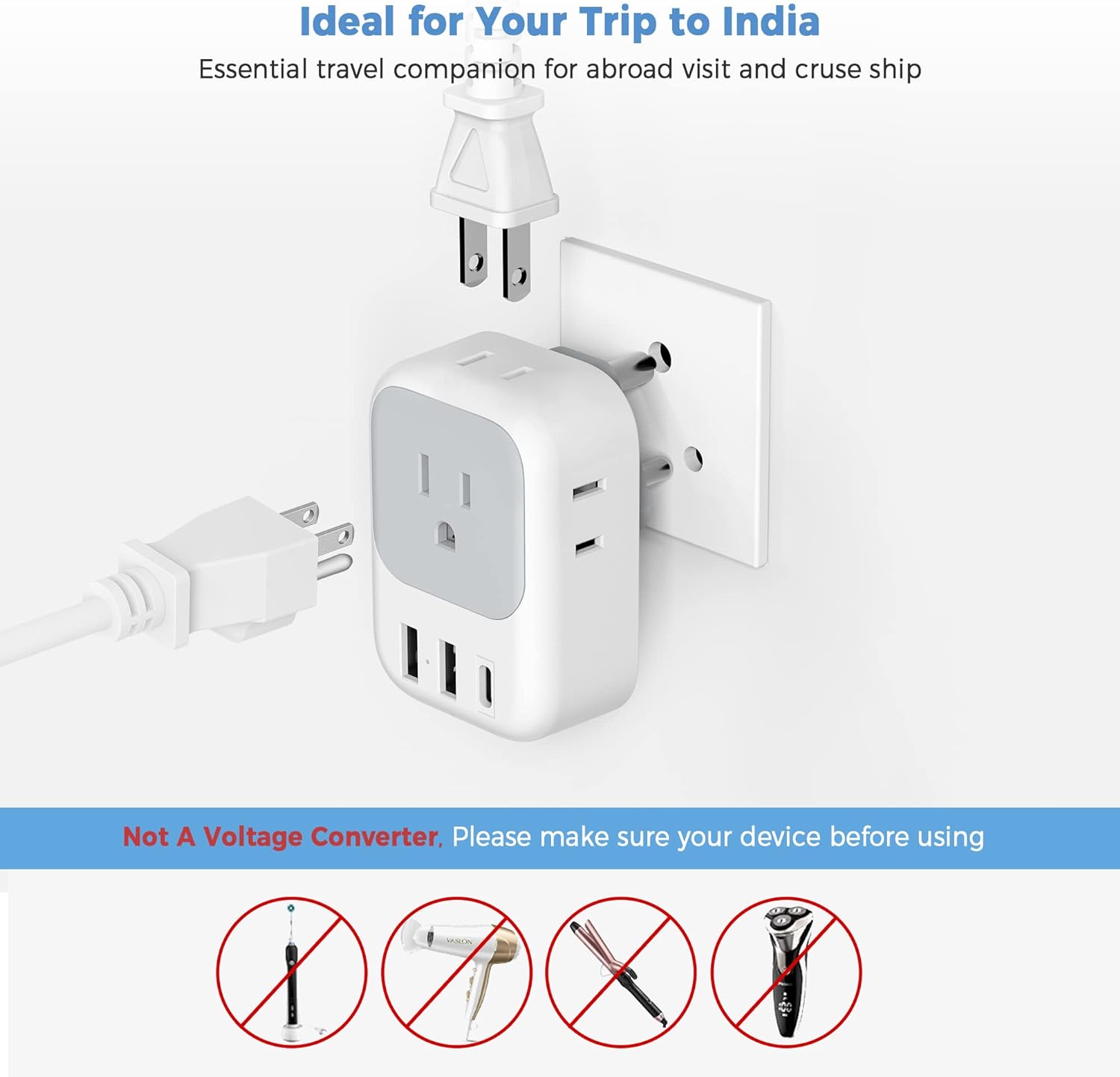 TESSAN Type D Travel Adapter with 4 Outlets 3 USB Charger (1 USB C Port), India Plug Adapter 2 Pack