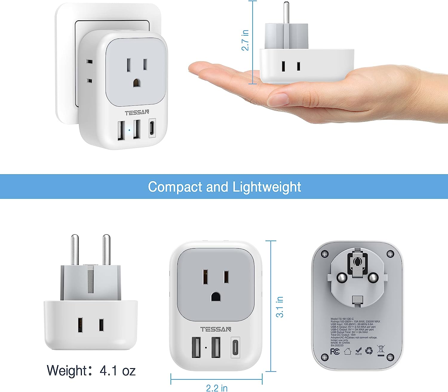 Germany France Power Adaptor with 3 USB Charger Ports(1 USB C), 2 Pack