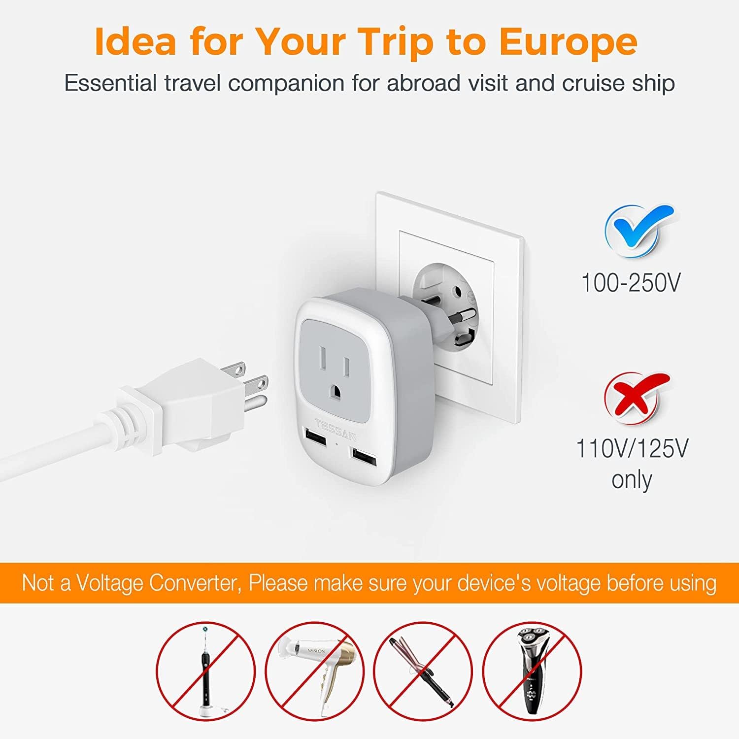 TESSAN International Power Outlet Adaptor with 2 USB, 2 Pack