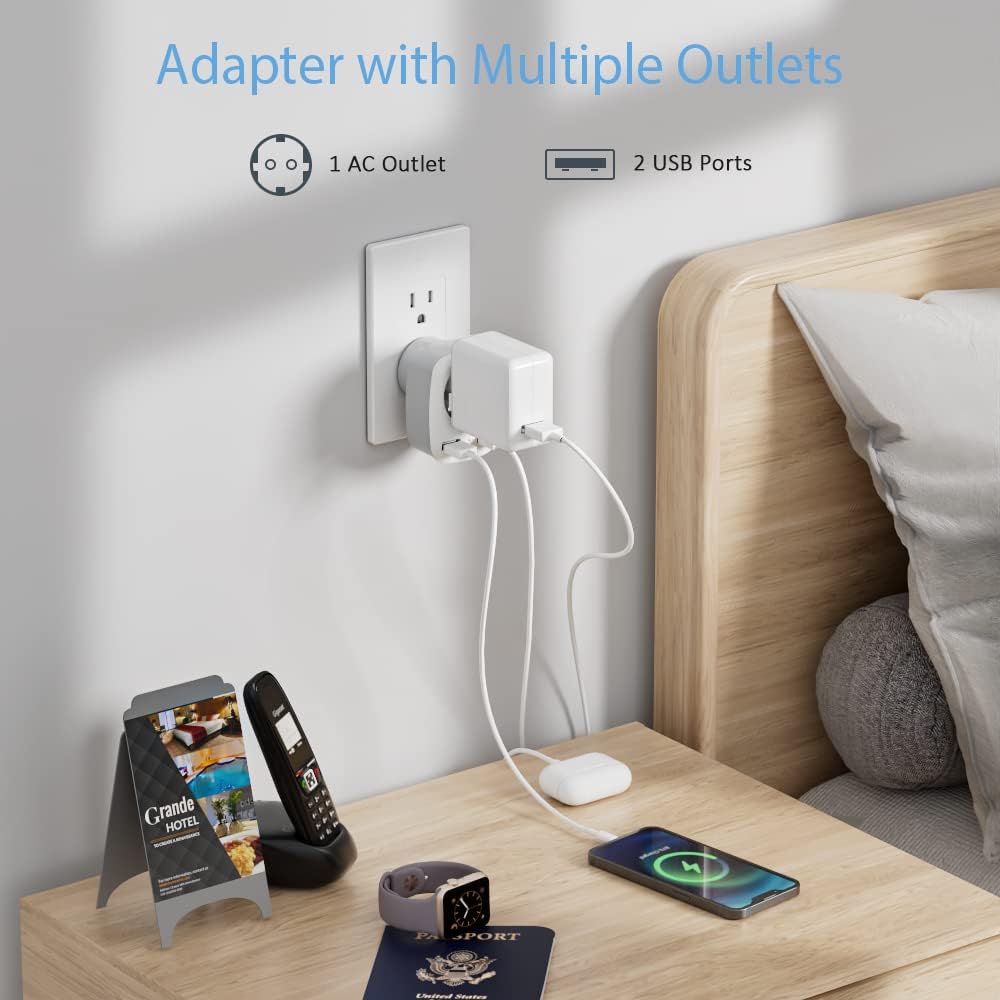 TESSAN Europe to US Plug Adapter with AC Outlet and 2 USB Ports