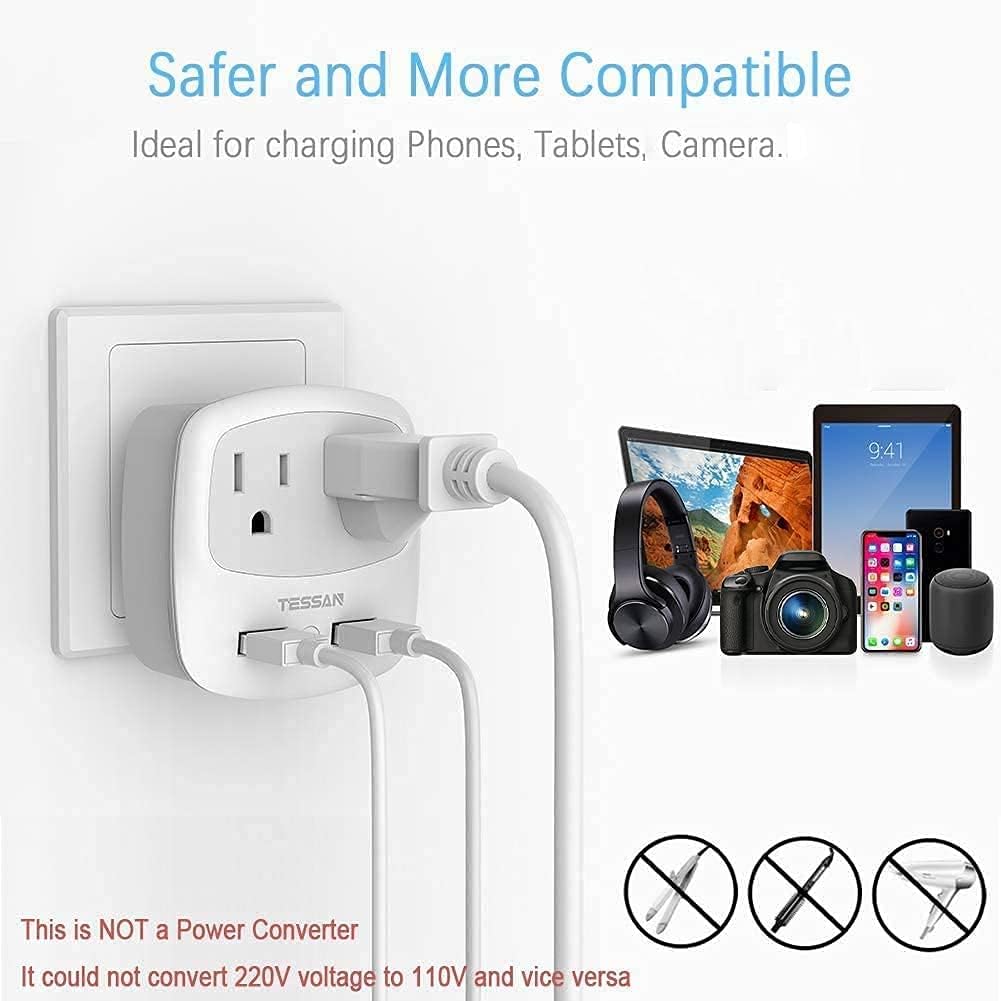 TESSAN US to Japan Plug Adapter, 2 Prong to 3 Prong Outlet Adapter with 2 AC Outlets 2 USB Ports