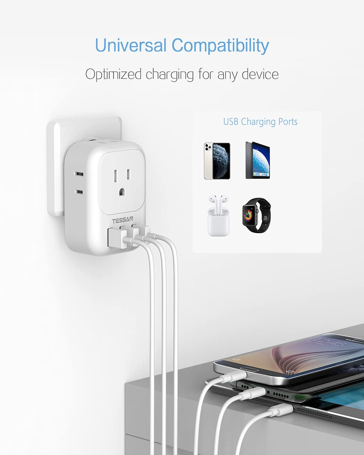 TESSAN Electrical 4 Box Splitter 3 USB Wall Charger, Multi Plug Outlet Extender with USB