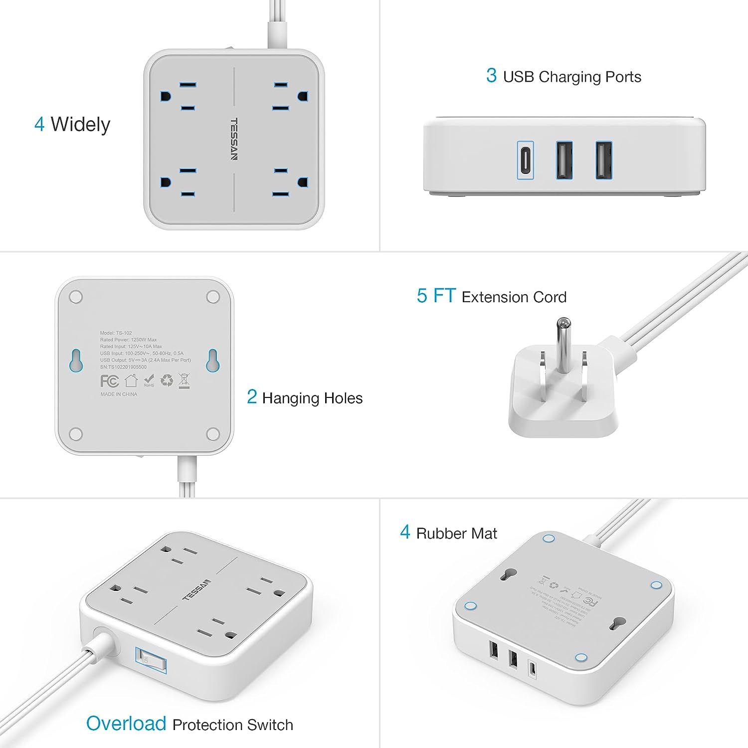 TESSAN 5 ft Ultra Thin Extension Cord with 3 USB Wall Charger(1 USB C Port)