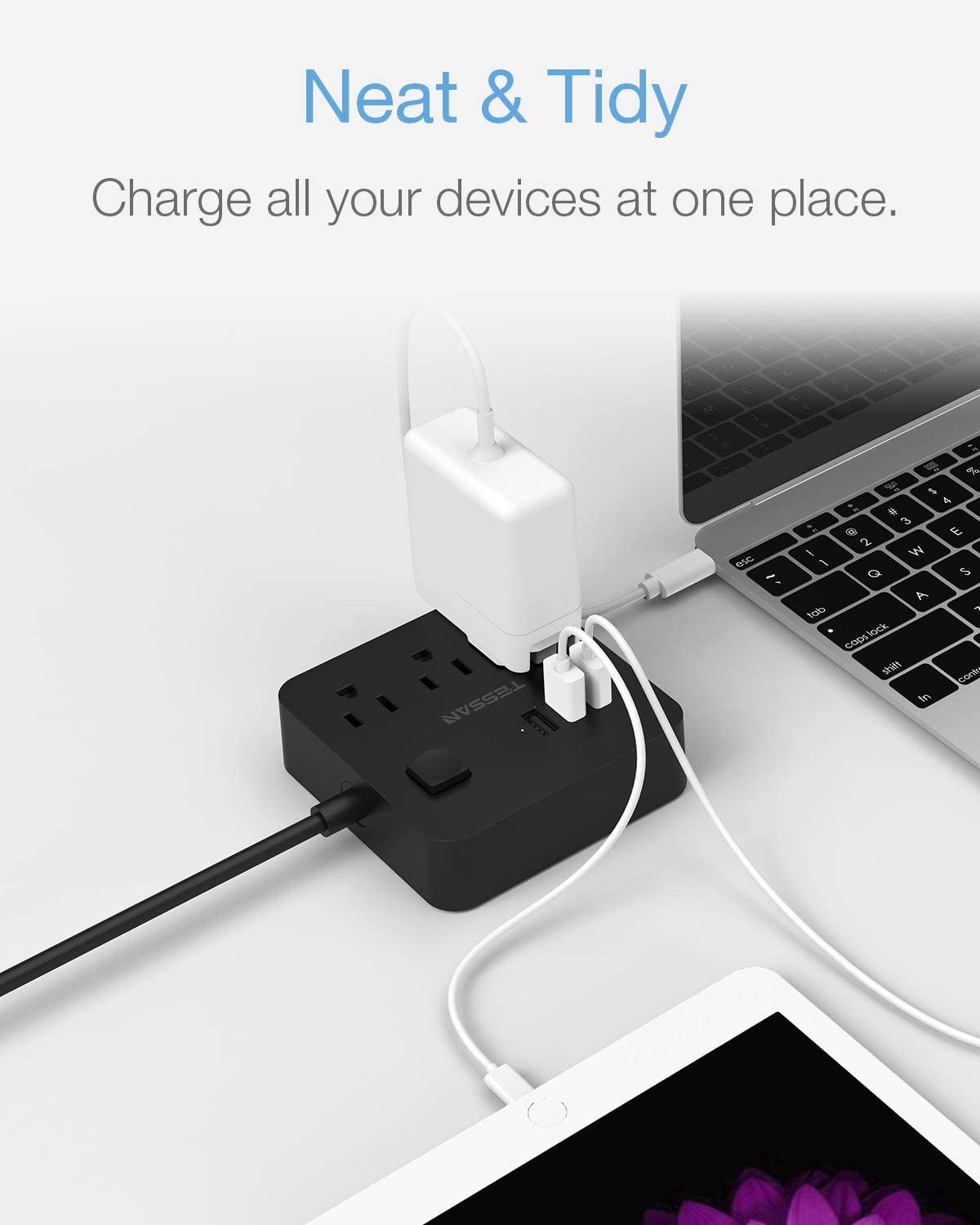 TESSAN 5/10 ft Long Flat Plug Power Strip with 3 AC Outlet Compact Desktop Charging Station 125V 10 A for Home