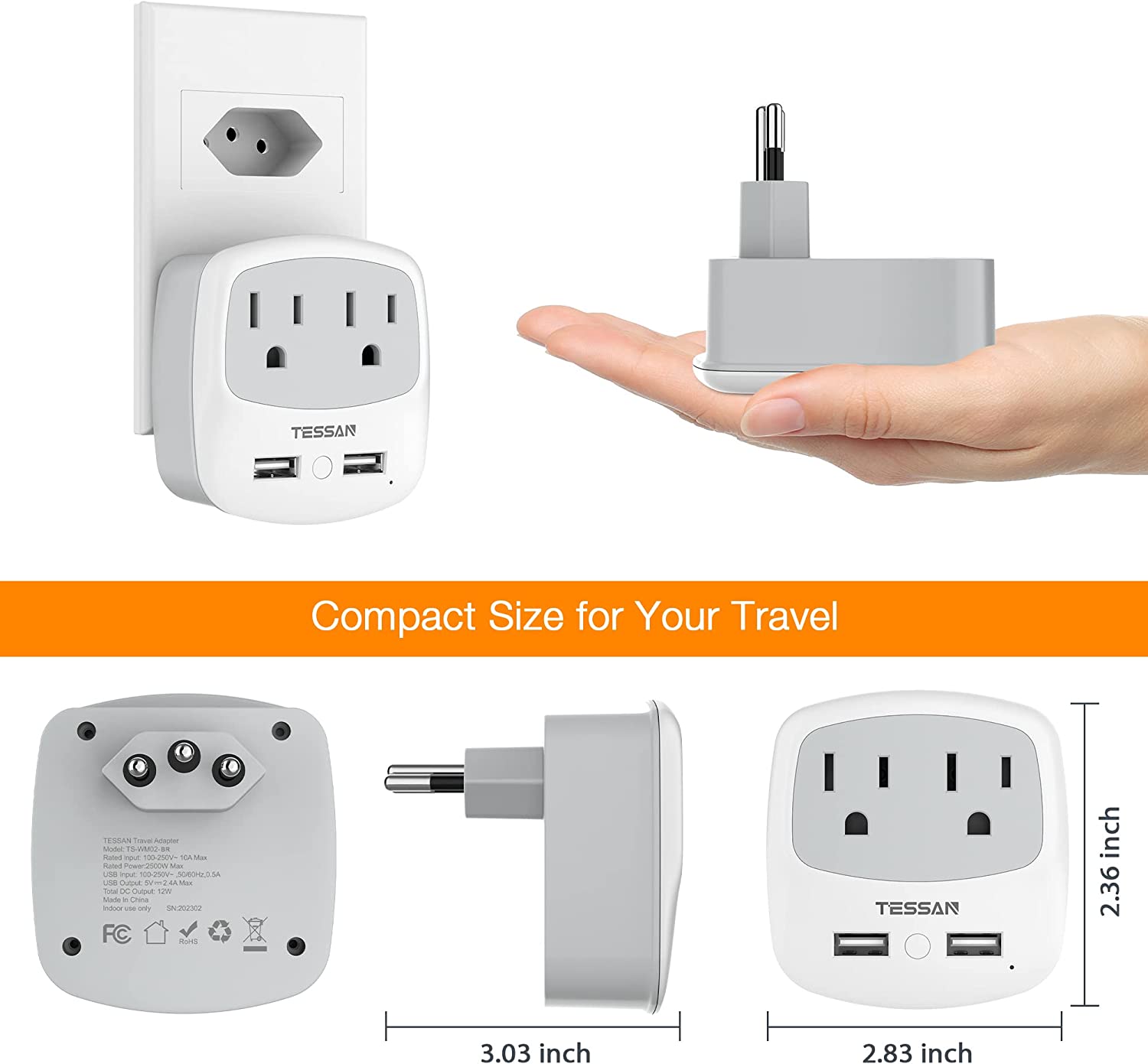 TESSAN Brazil Travel Plug Power Adapter with 2 American Outlets and 2 USB Charging Ports