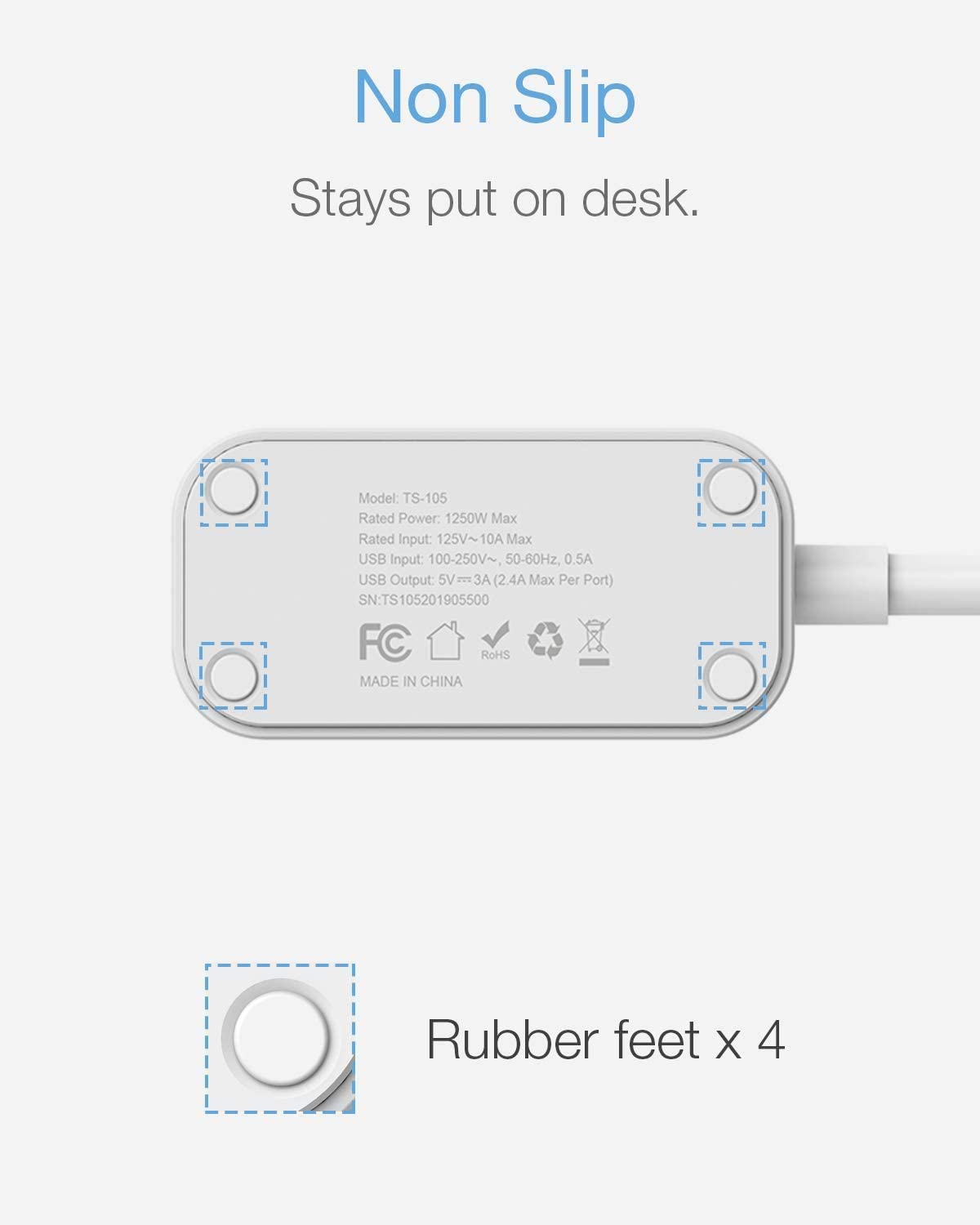 Travel Small Power Strip 5 FT Flat Plug With 2 Outlets 3 USB Ports
