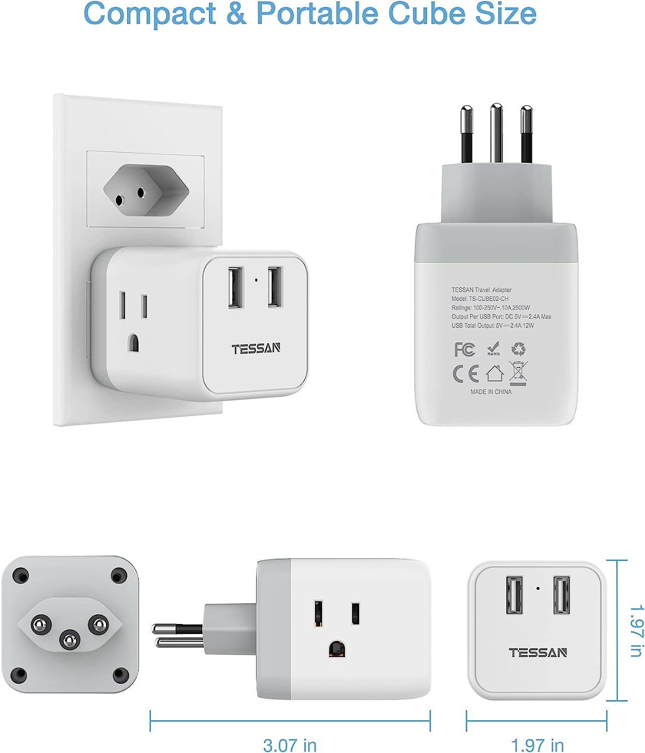 TESSAN US to Switzerland Travel Power Adaptor with 3 Outlets 2 USB Ports