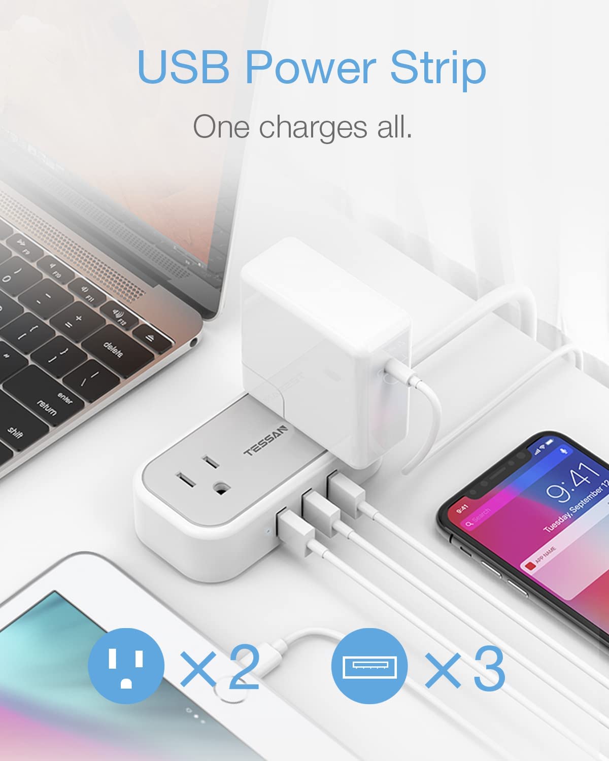 Travel Small Power Strip 5 FT Flat Plug With 2 Outlets 3 USB Ports