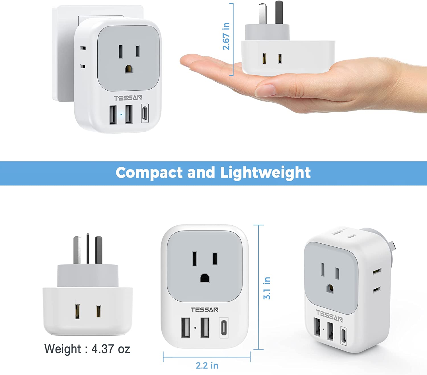 TESSAN Australia Travel Adaptor with 4 American Outlets 3 USB Charger