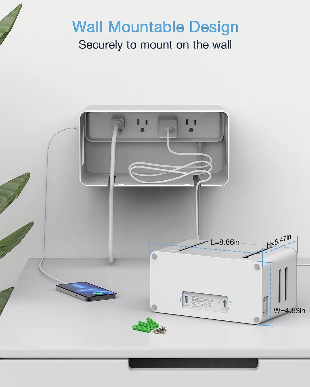 TESSAN 5 ft Flat Plug Extension Cord, 4 Outlets 2 USB Ports with Overload Switch, Power Strip with Cable Management Box