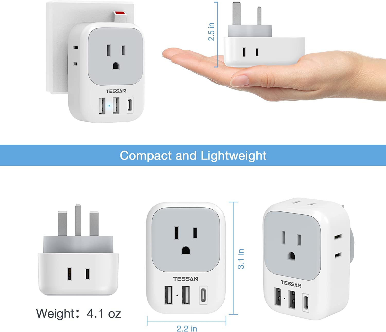 TESSAN Type G Travel Converter with 4 Outlets 3 USB Charger(1 USB C Port), 2 Pack