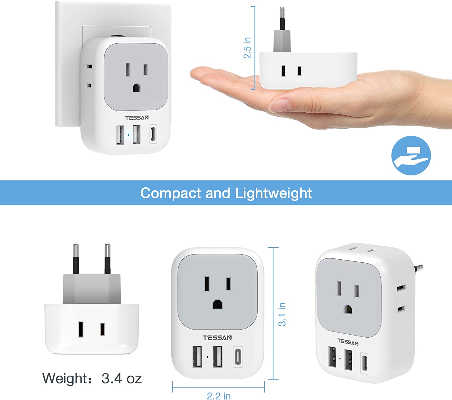 TESSAN US to Europe Plug Adapter with 4 Outlets 3 USB Charger (1 USB C Port), 2 Pack