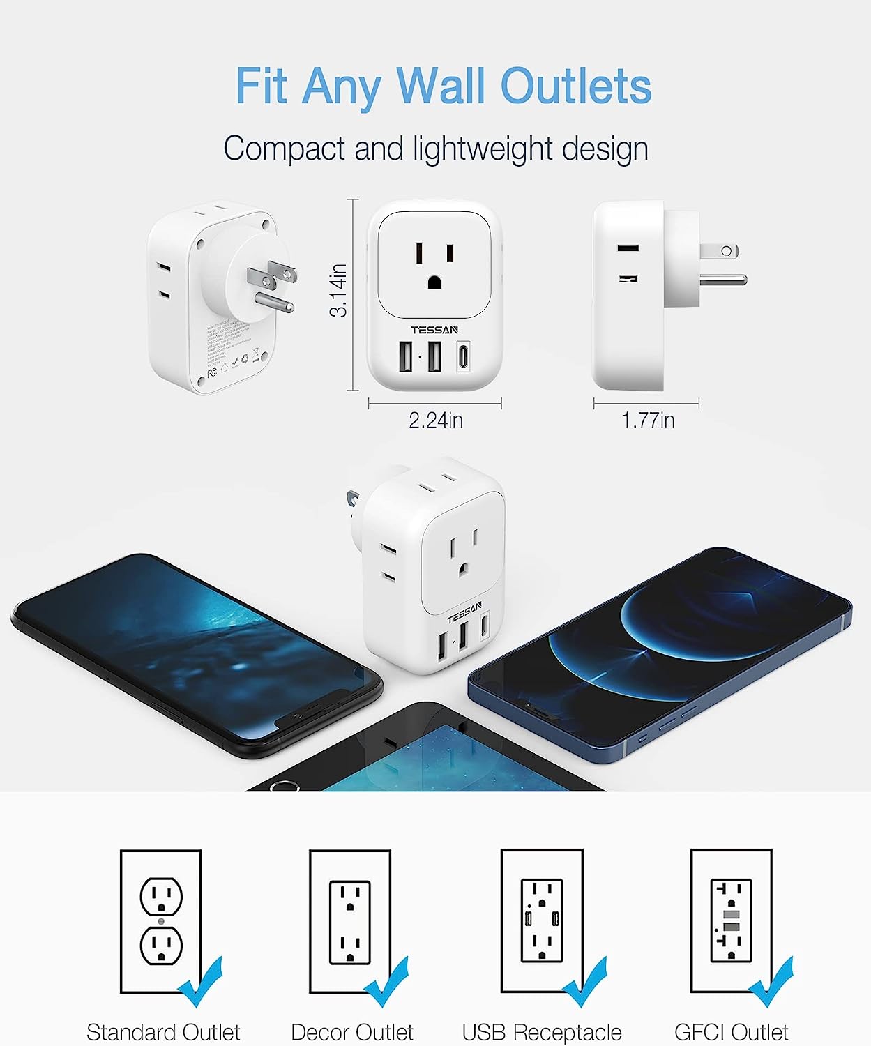 TESSAN USB Plug Adapter Outlet Extender USB Wall Charger with 3 USB Block (1 USB C Port)