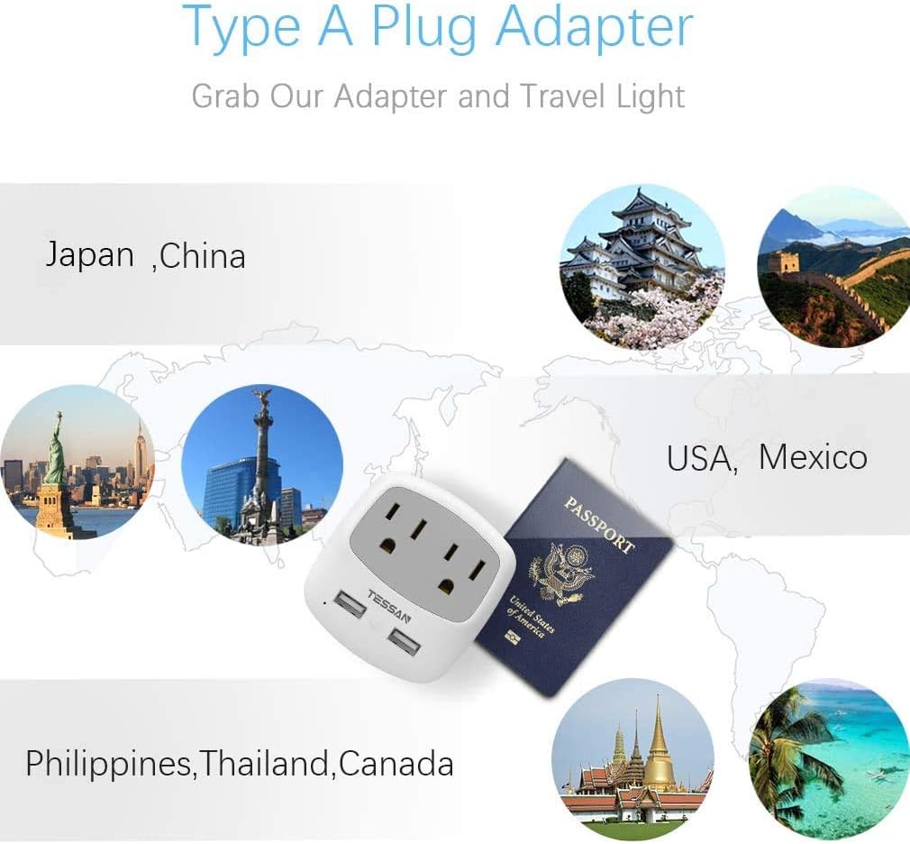 TESSAN US to Japan Plug Adapter, 2 Prong to 3 Prong Outlet Adapter with 2 AC Outlets 2 USB Ports