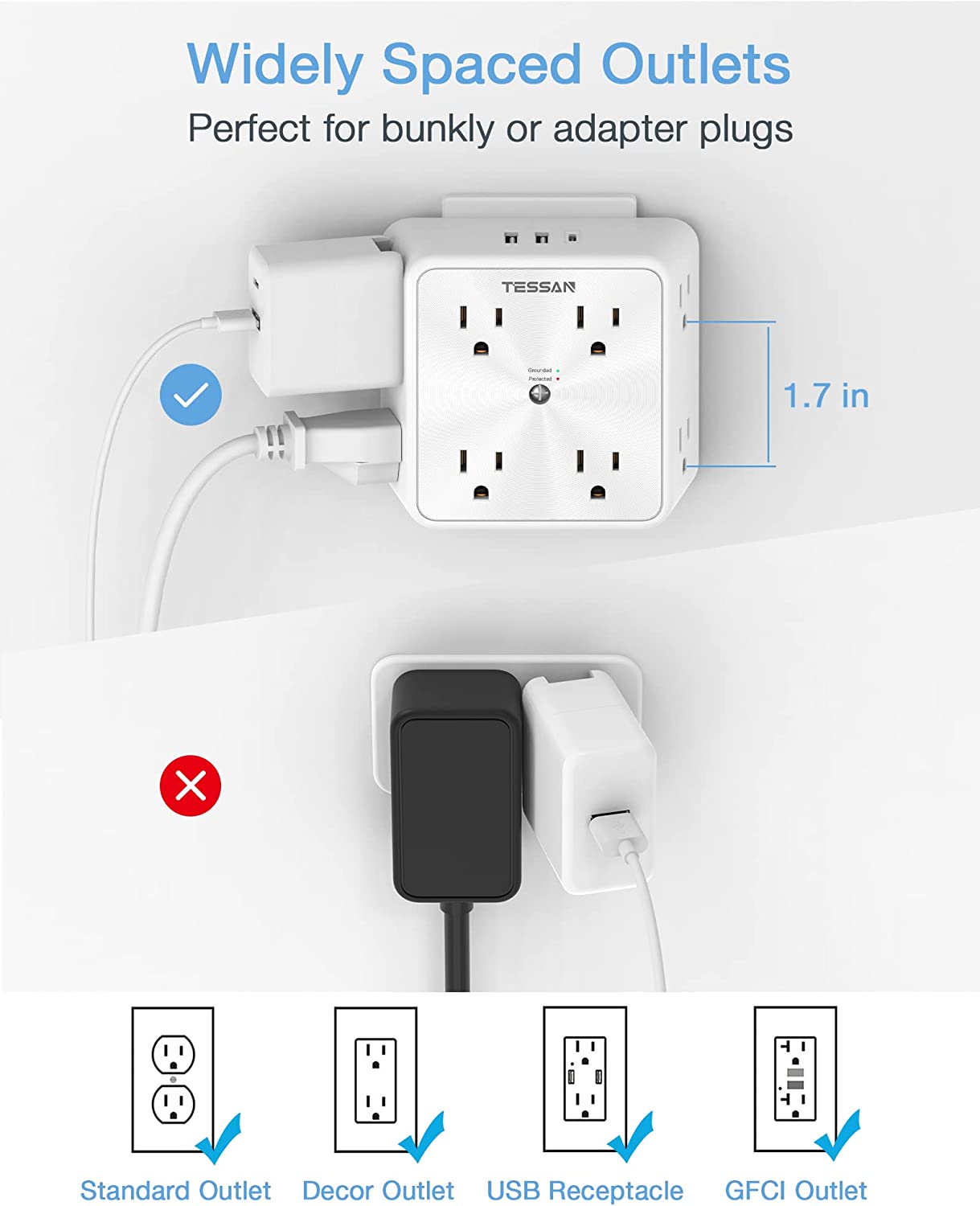 TESSAN Surge Protector Outlet Extender, 8 Multi Outlet Splitter with 3 USB Wall Charger (1 USB C Port)
