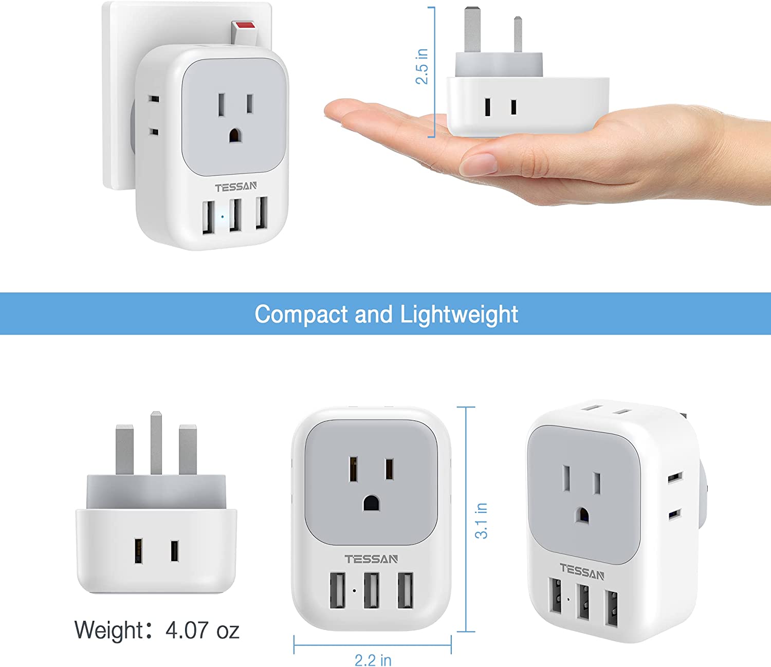 TESSAN US to UK Plug Adapter, 4 American Outlets 3 USB, 2 Pack