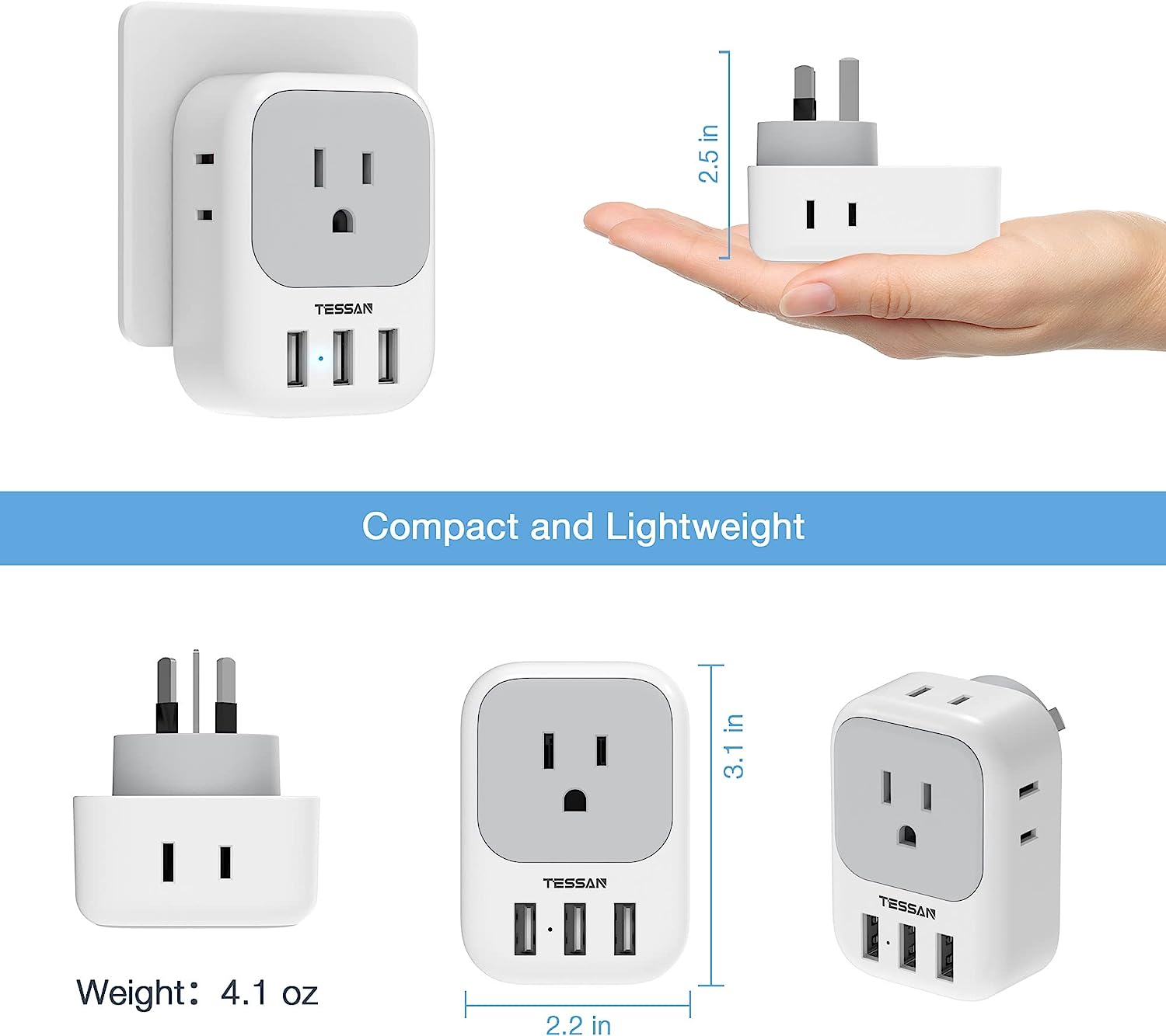 TESSAN USA to Australia Travel Adapter with 4 AC Outlets 3 USB ports