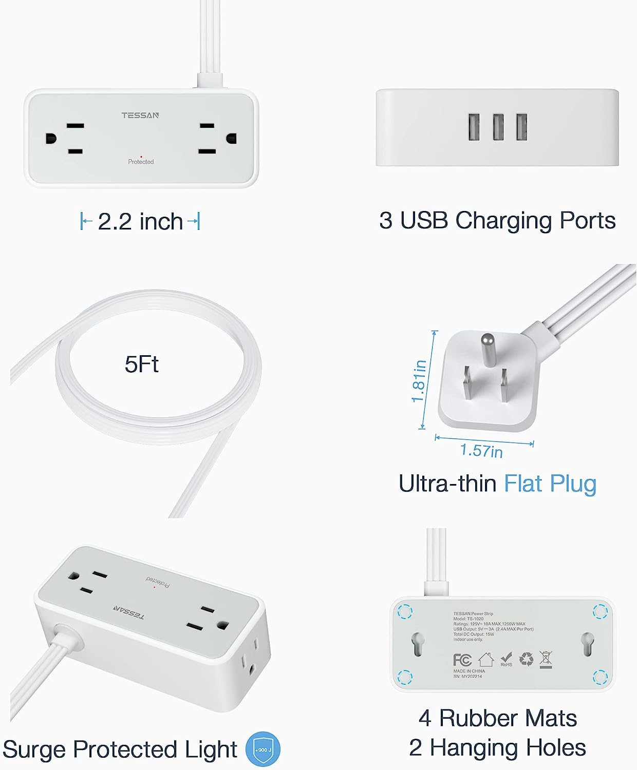 TESSAN Surge Protector Flat Plug Power Strip 4 Wide Spaced AC Outlets 3 USB, Ultra Thin 5FT Flat Extension Cord