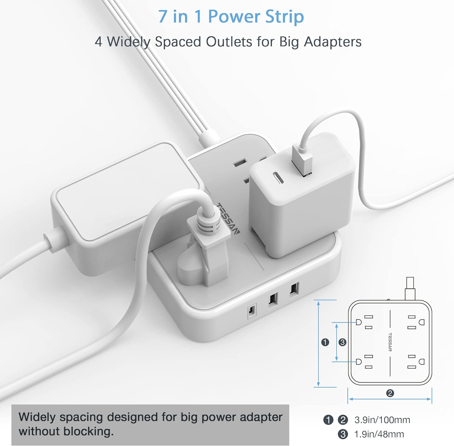 TESSAN 5 ft Ultra Thin Extension Cord with 3 USB Wall Charger(1 USB C Port)