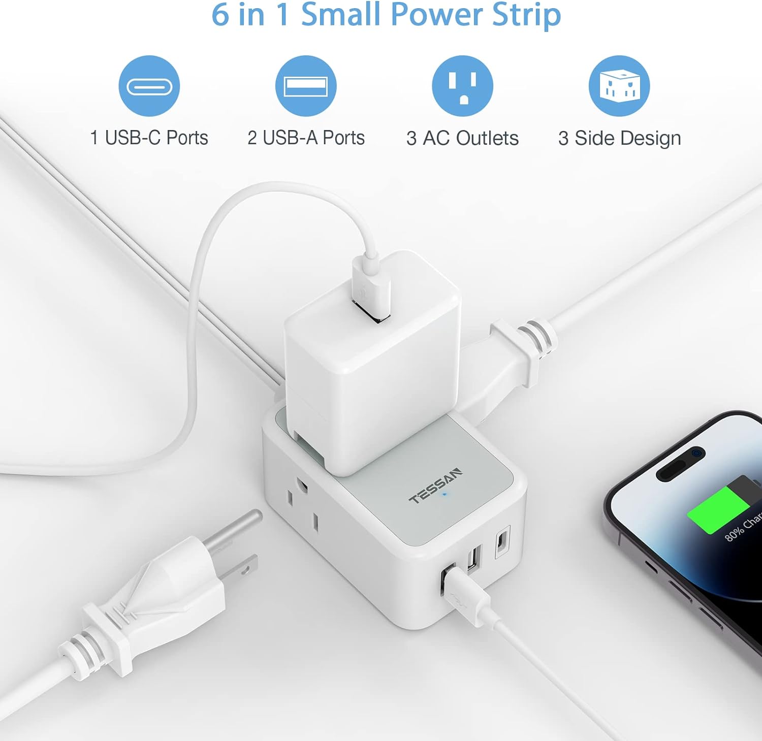 TESSAN Ultra Thin Extension Cord with 3 USB Wall Charger (1 USB C)