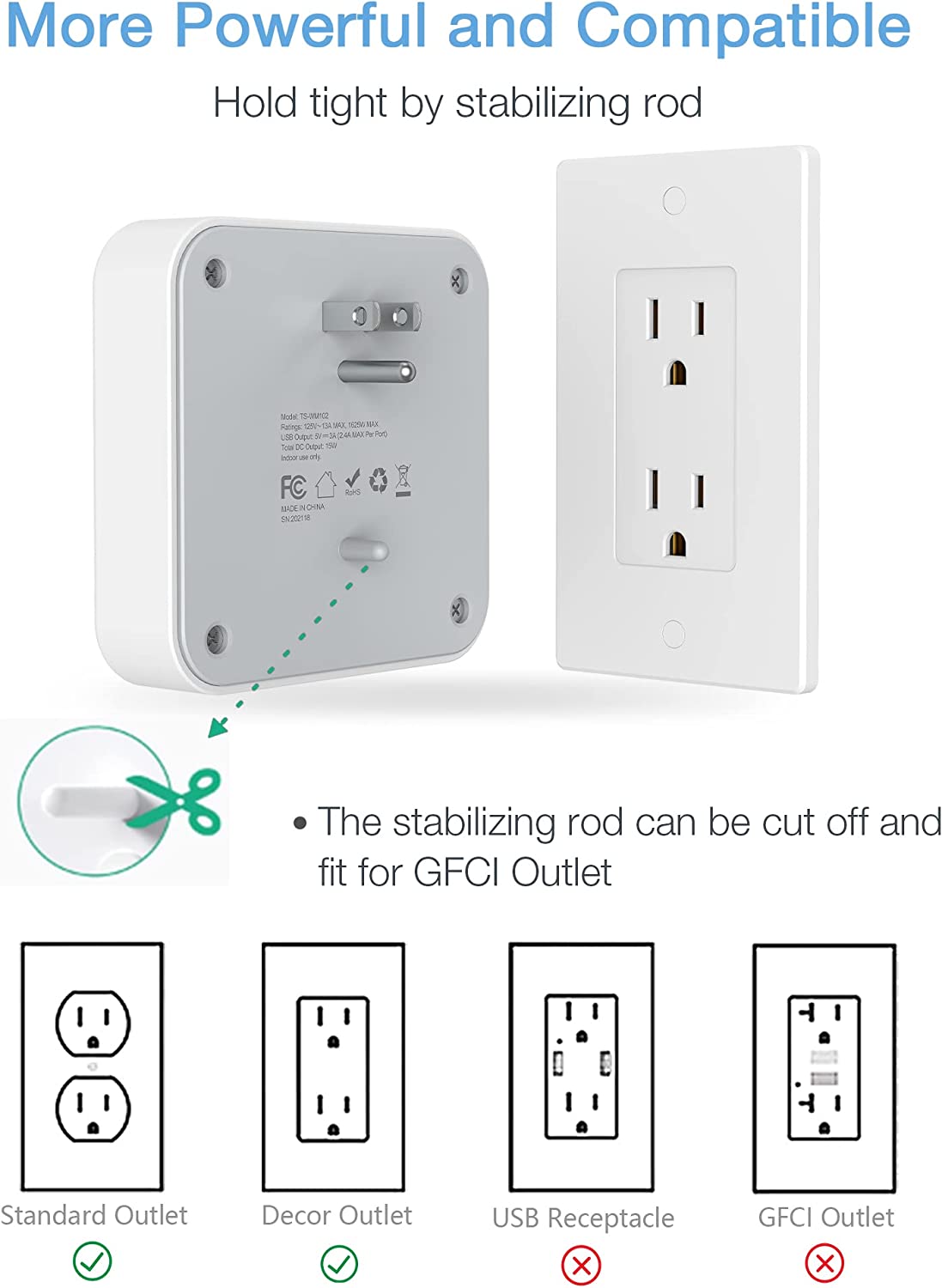 TESSAN Widely Spaced Outlet Extender with 4 Electrical Outlets, 4 in 1 Multi Plug Outlet